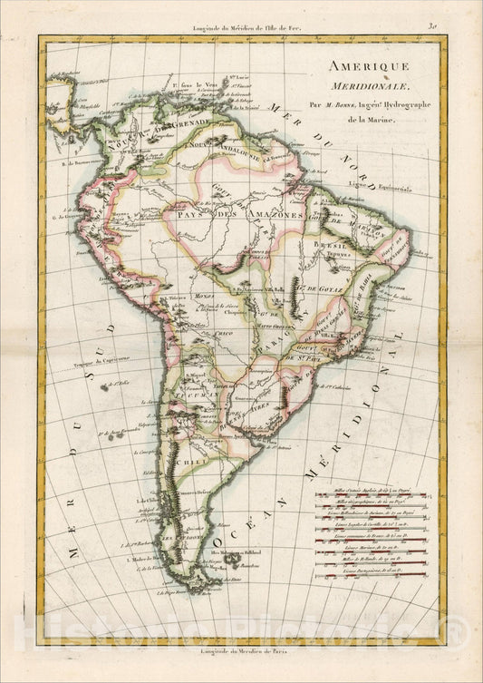 Historic Map : Amerique Meridionale, 1787, Rigobert Bonne, Vintage Wall Art