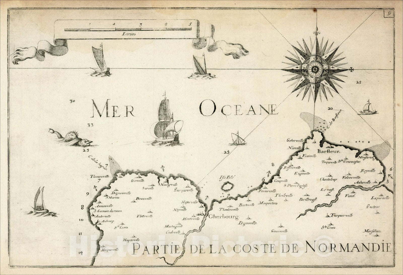 Historic Map : Partie De La Coste De Normandie (Querqueville to Barfleur etc.), 1634, Christopher Tassin, Vintage Wall Art