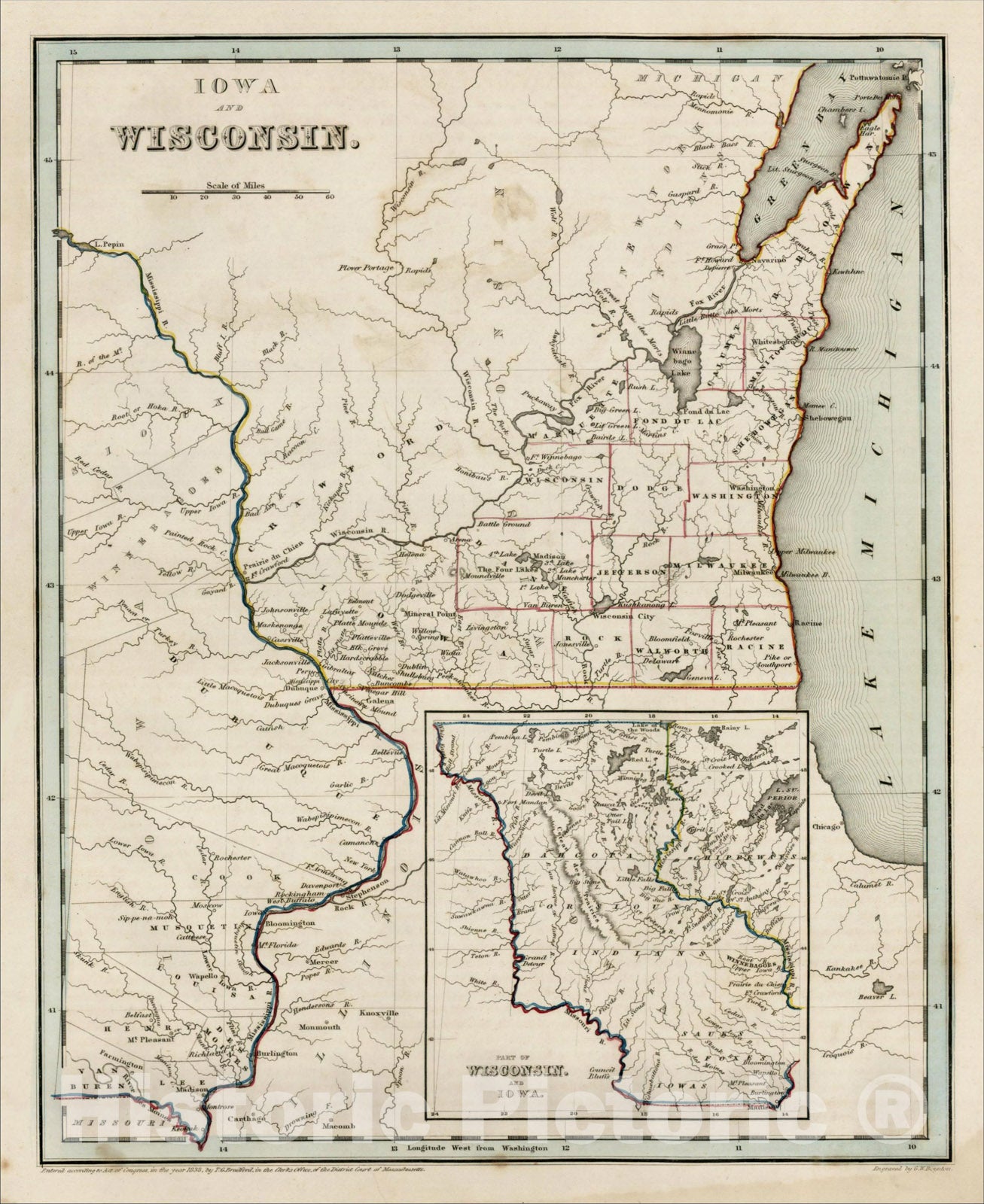 Historic Map : Iowa and Wisconsin, 1838, Thomas Gamaliel Bradford, v2, Vintage Wall Art