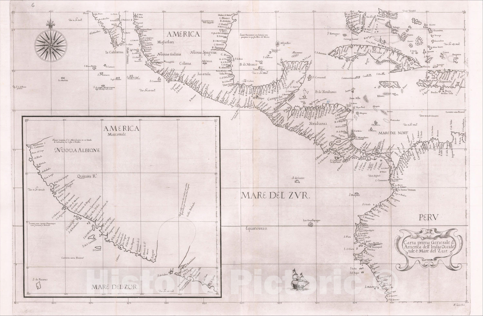 Historic Map : Carta prima Generale d'America dell India Occidentale e mare de Zur, 1646, Robert Dudley, Vintage Wall Art