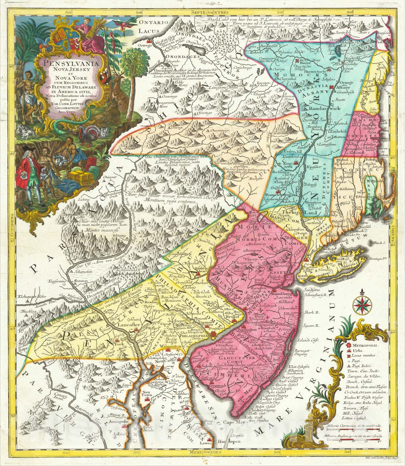 Historic Map : Pensylvania Nova Jersey et Nova York cum Regionibus Ad Fluvium Delaware In America Sitis, Nova Delinatione ob oculos posita, 1750, v2, Vintage Wall Art