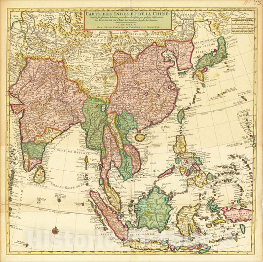 Historic Map : Carte Des Indes et de la Chine Dressee sur plusieurs Relations, c1720, Johannes Covens, Vintage Wall Art
