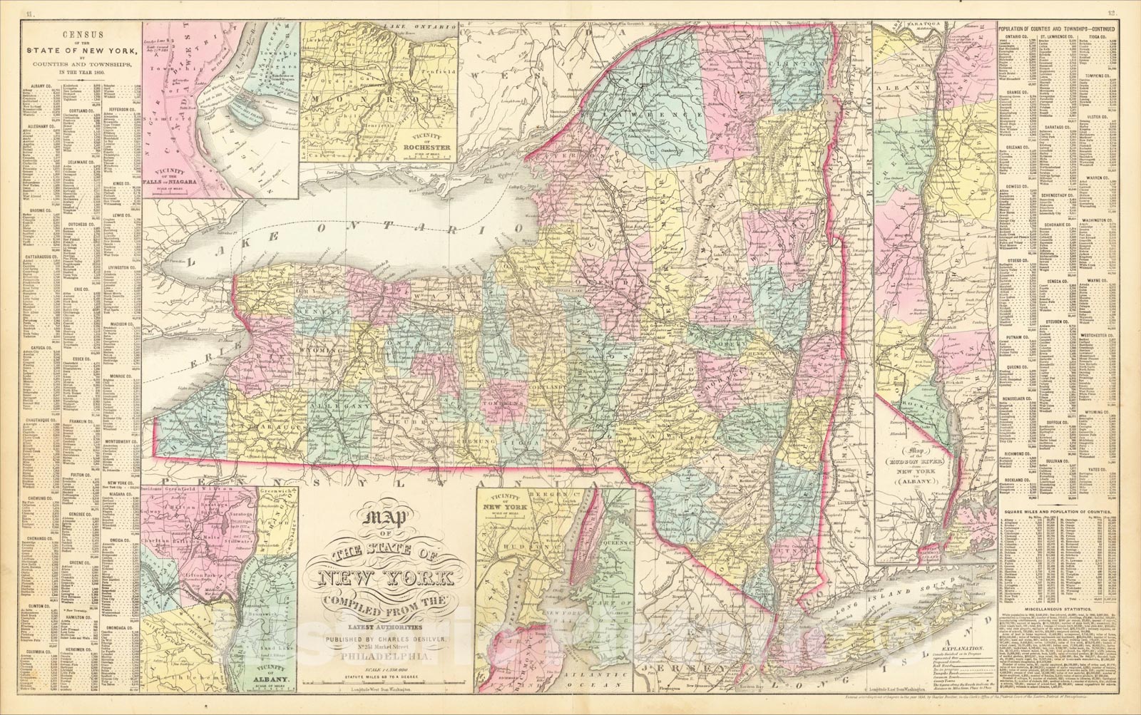 Historic Map : Map of the State of New York Compiled From The Latest Authorities, 1857, Charles Desilver, Vintage Wall Art