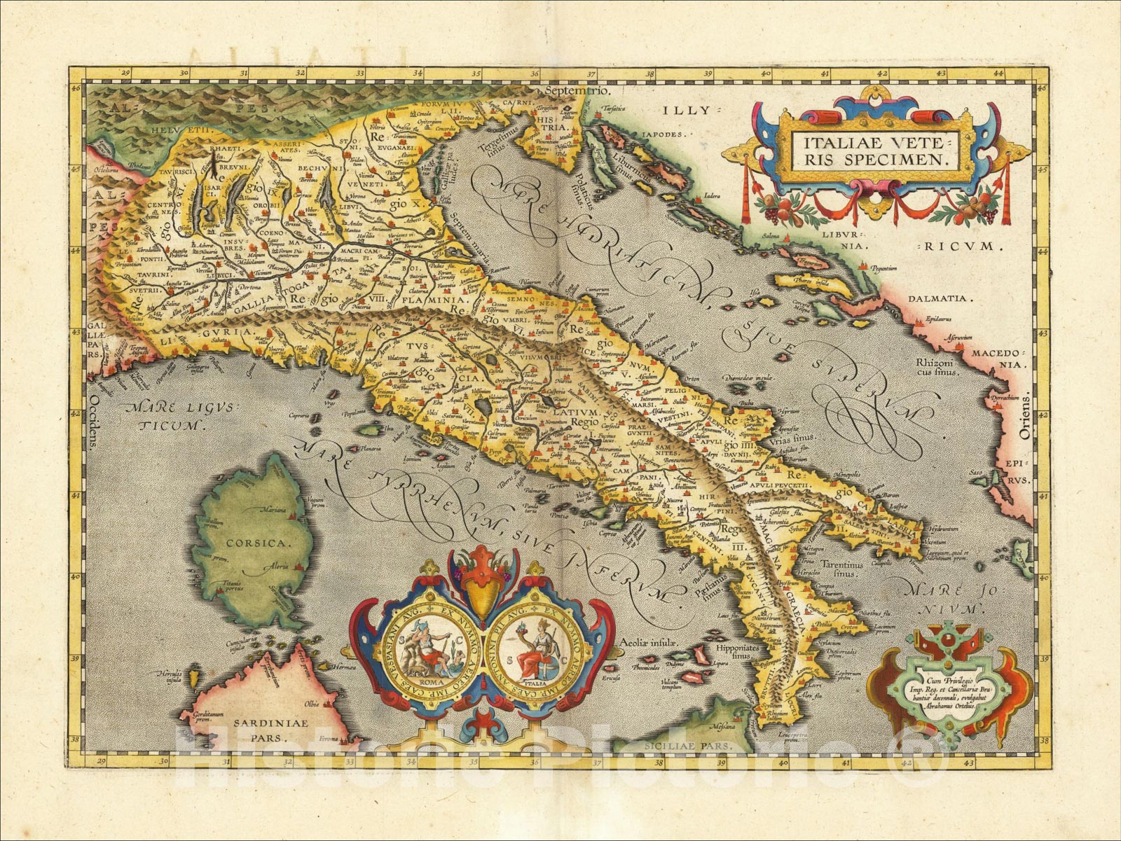 Historic Map : Italiae Veteris Specimen, 1624, Abraham Ortelius, Vintage Wall Art