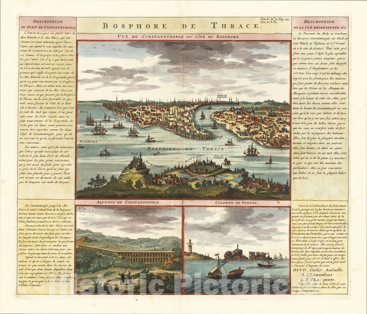 Historic Map : Bosphore de Thrace. Vue De Constantinople Due Cote Du Bosphore with Aqueduc De Constantinople with Colomne De Pompee, 1710, Henri Chatelain, Vintage Wall Art