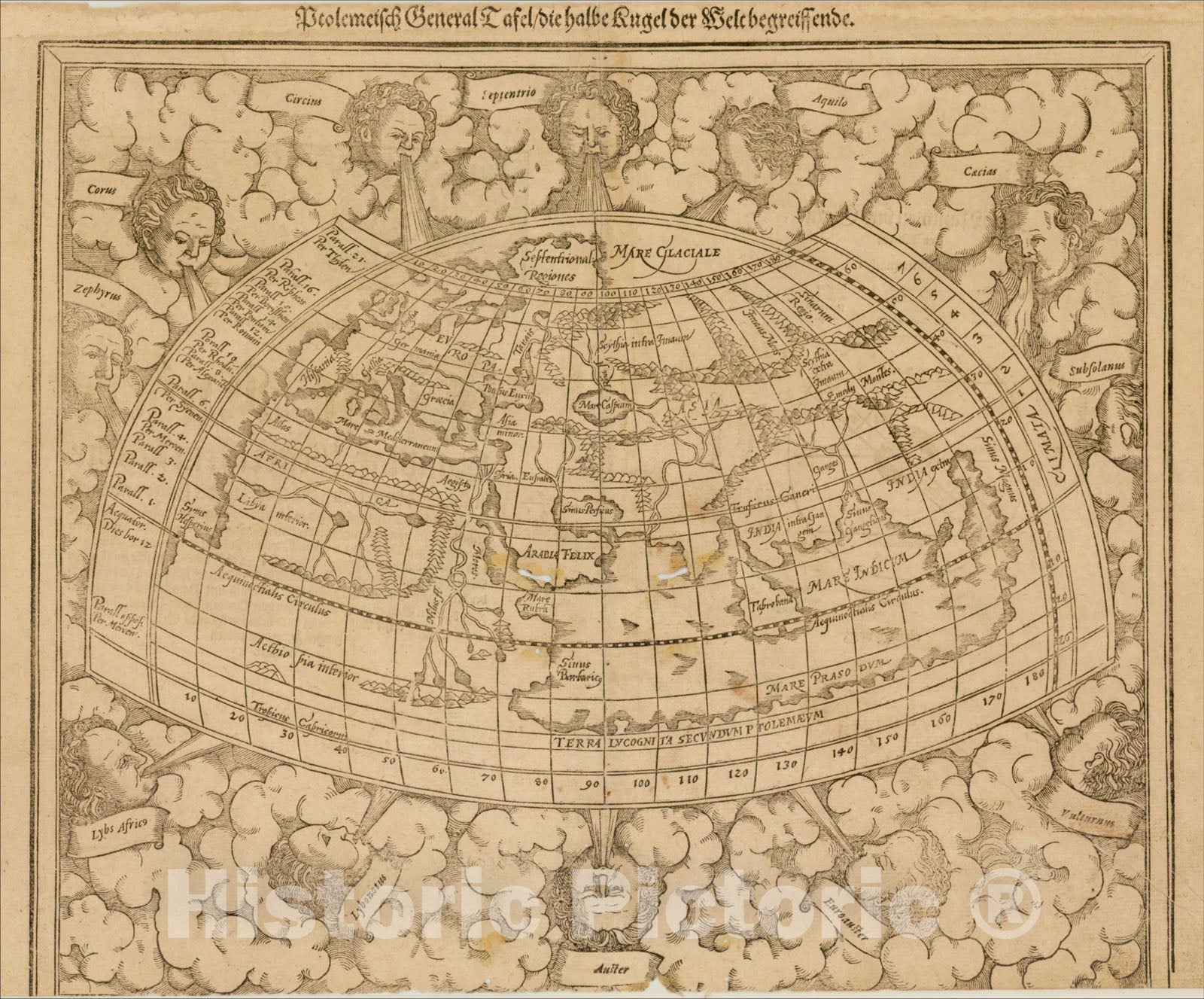 Historic Map : Ptolemeisch General Tafel, die hable kugel der Welt begreiffende, c1552, Sebastian Munster, Vintage Wall Art