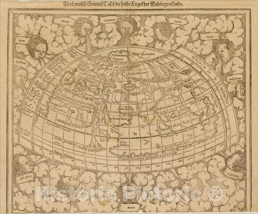Historic Map : Ptolemeisch General Tafel, die hable kugel der Welt begreiffende, c1552, Sebastian Munster, Vintage Wall Art