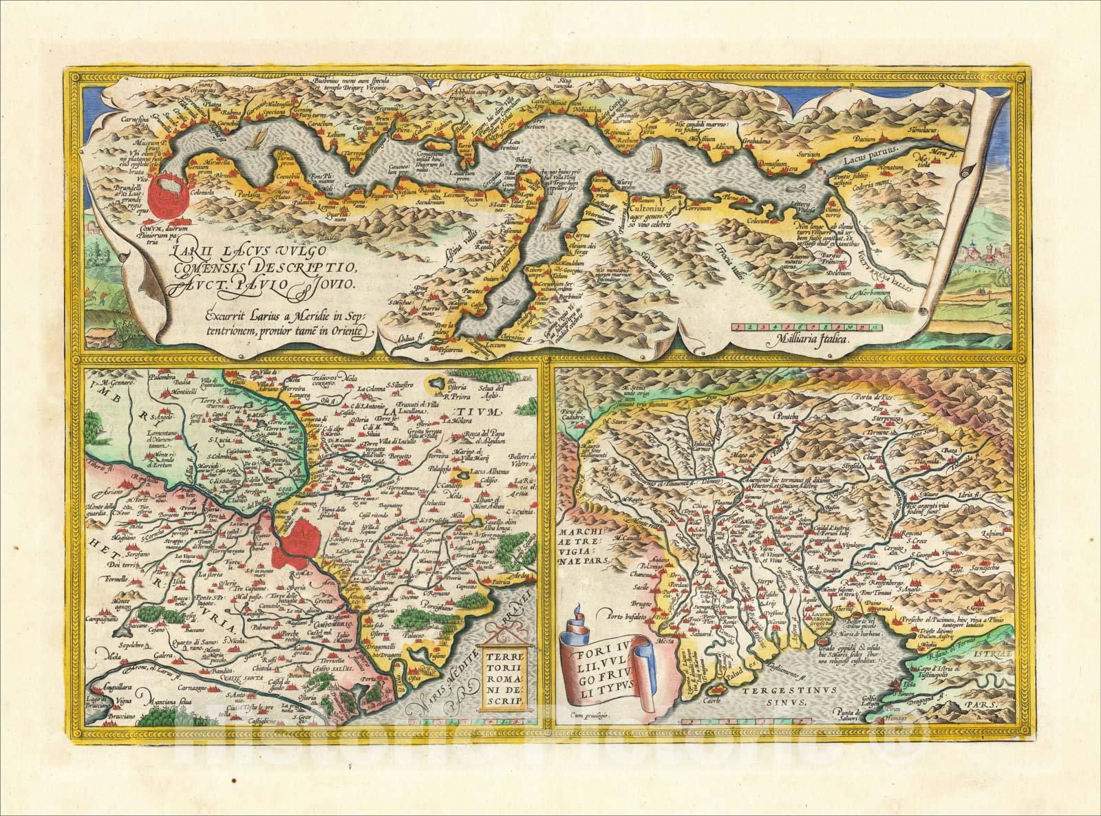 Historic Map : Larii Lacus Vulgo Comensis Descriptio, [and] Terretorii Romani Descrip. [and] Fori Iulii Vulgo Frivli Typus, 1584, Abraham Ortelius, Vintage Wall Art