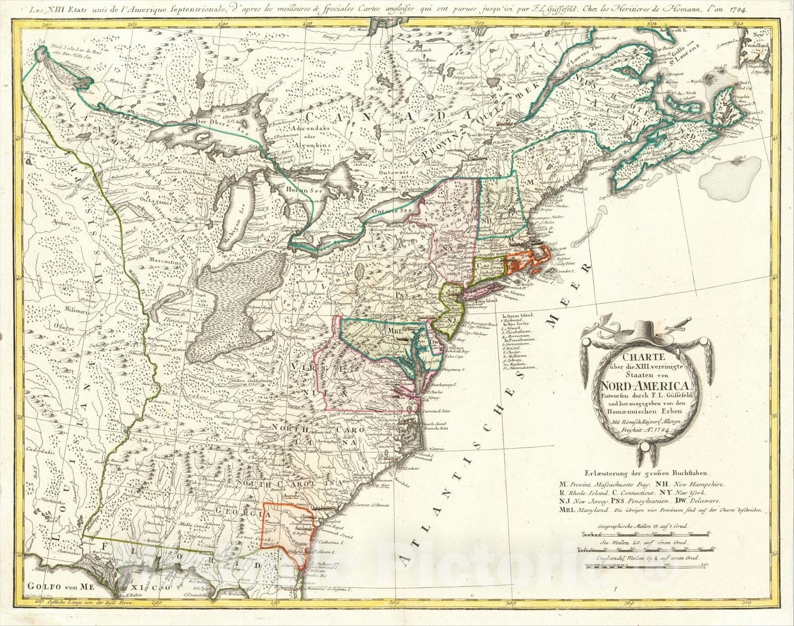 Historic Map : Charte uber die XIII vereinigte Staaten von Nord-America Entworfen duch F.L. Gussefeld, Ao 1784, 1784, Franz Ludwig Gussefeld, Vintage Wall Art