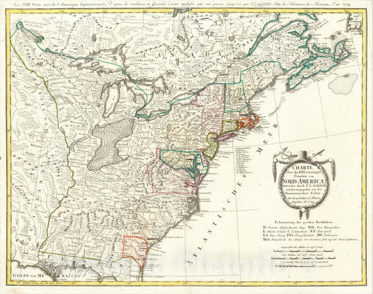 Historic Map : Charte uber die XIII vereinigte Staaten von Nord-America Entworfen duch F.L. Gussefeld, Ao 1784, 1784, Franz Ludwig Gussefeld, Vintage Wall Art