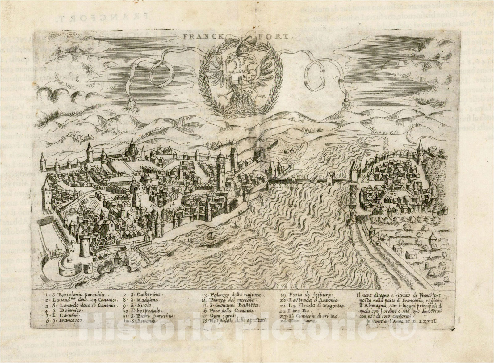 Historic Map : Il vero disegno e ritrato di Franckfort posta nella parte di Franconia, regione d'Alemagna, 1567, Paolo Forlani, Vintage Wall Art