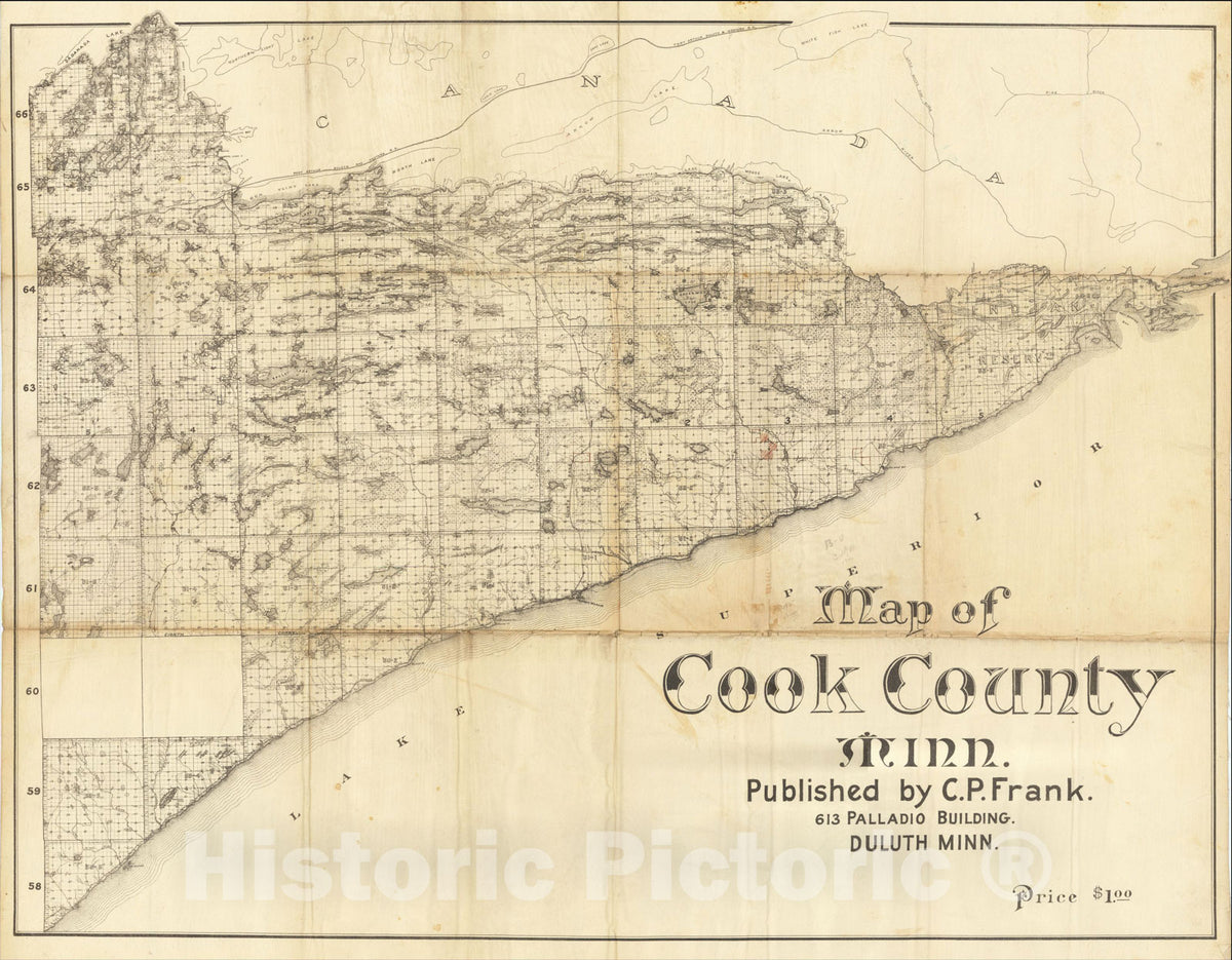 Historic Map : Map of Cook County Minn. Published by C.P. Frank, c1910, C. P. Frank, Vintage Wall Art