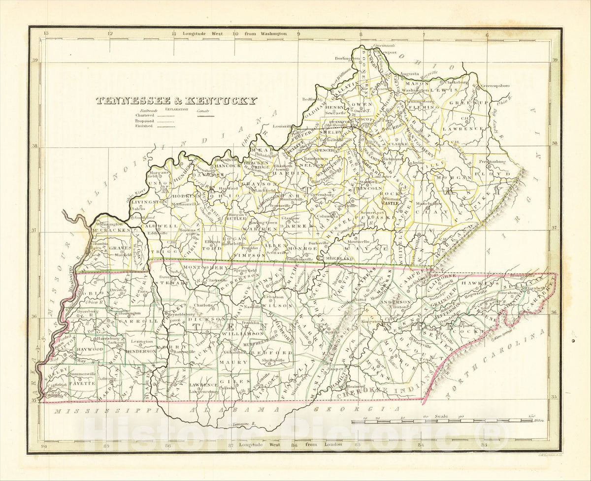 Historic Map : Tennessee and Kentucky, 1835, Thomas Gamaliel Bradford, Vintage Wall Art