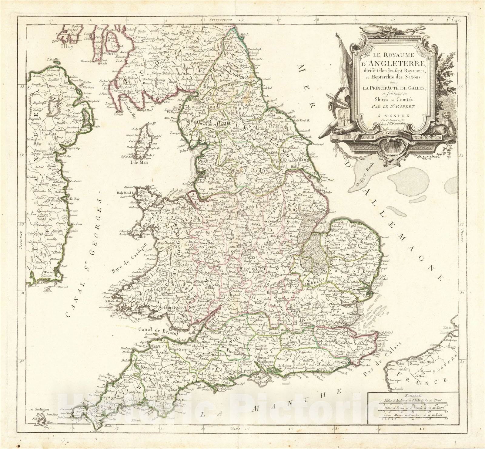 Historic Map : Le Royaume D'Angleterre, divise selon les sept Royaumes ou Heptrachie, 1778, Giovanni Antonio Remondini, Vintage Wall Art