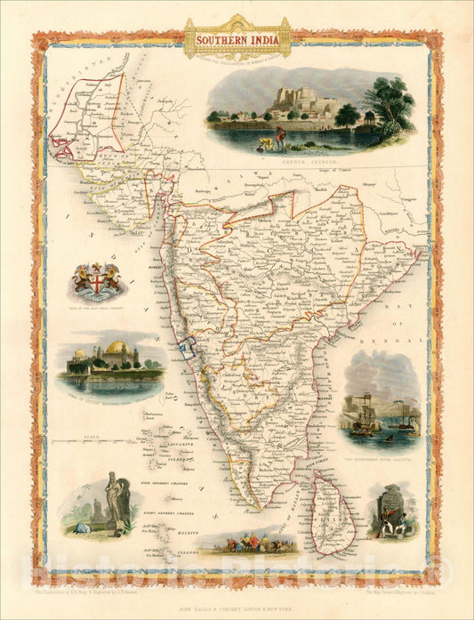 Historic Map : Southern India, 1851, John Tallis, v4, Vintage Wall Art
