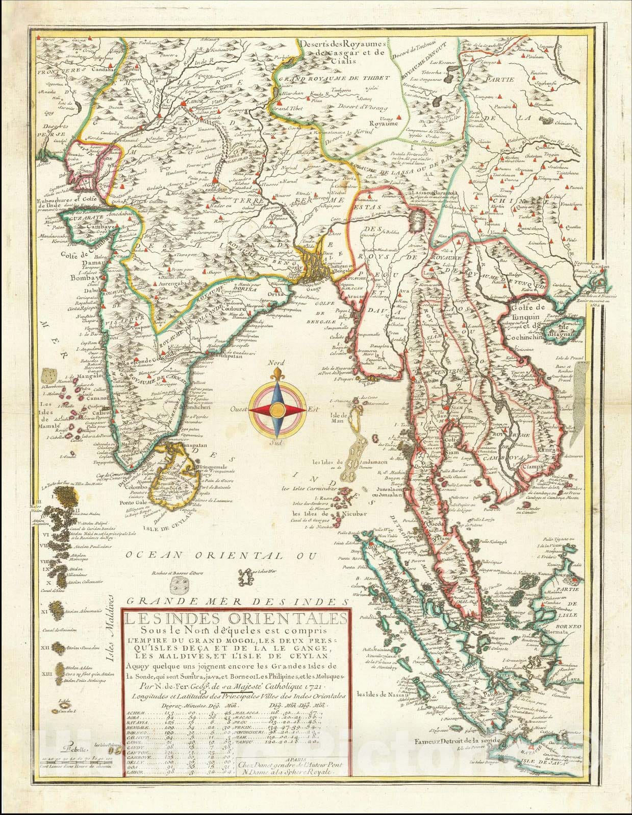 Historic Map : Les Indes Orientales sous le Nom de queles est compris L'Empire du Grand Mogol, Les Deux Presqu'Isles Deca et de la Le Gange, 1721, Vintage Wall Art