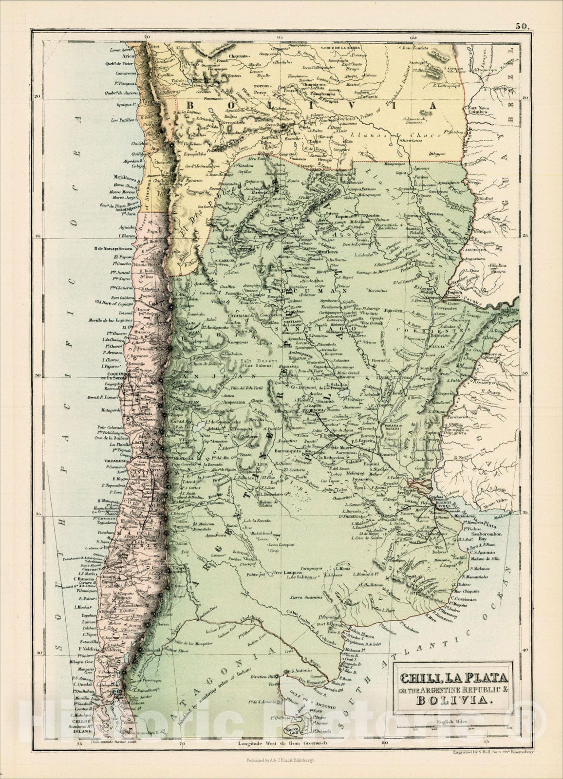 Historic Map : Chili, La Plata or the Argentine Republic & Bolivia, 1869, Adam & Charles Black, Vintage Wall Art
