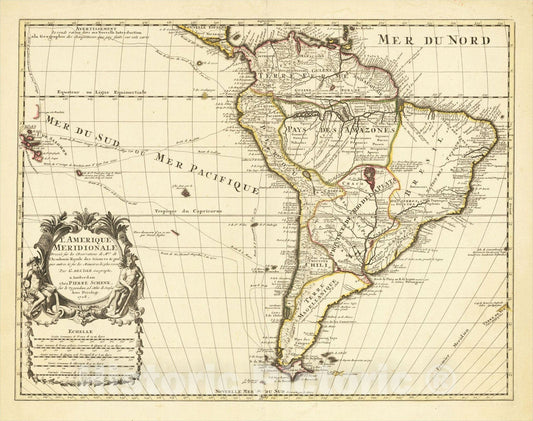 Historic Map : L'Amerique Meridionale Dressee sur les Observations de Mrs. de l'Academie Royale des Sciences, . 1708, 1708, Peter Schenk, Vintage Wall Art