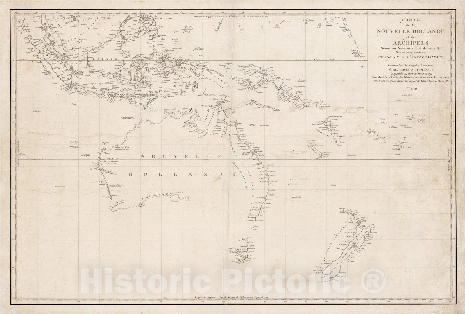 Historic Map : Carte de la Nouvelle Hollande et des Archipels Situes au Nord et l'Est, 1791, Antoine Brun D'Entrecasteaux, Vintage Wall Art
