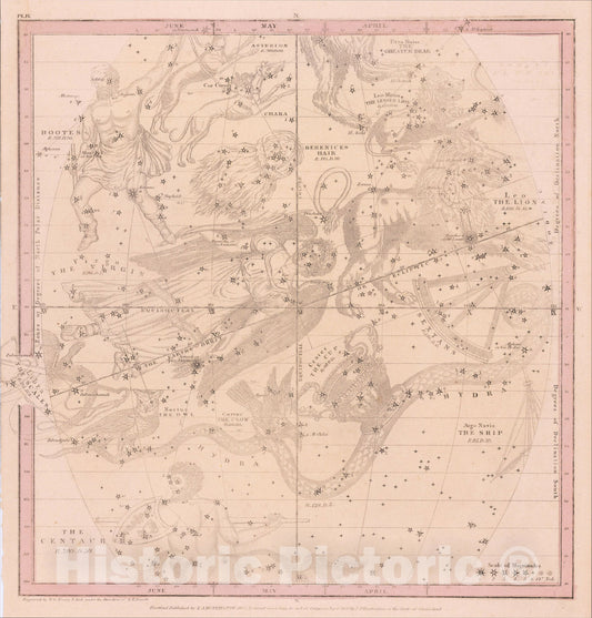 Historic Map : The April, May & June Sky -- Virgo, Leo, Libra, Leo Minor, Ursa Major, Argo Navis, The Centaur, Hydra, Crater, Curvus Noctus?, 1835, v1, Vintage Wall Art