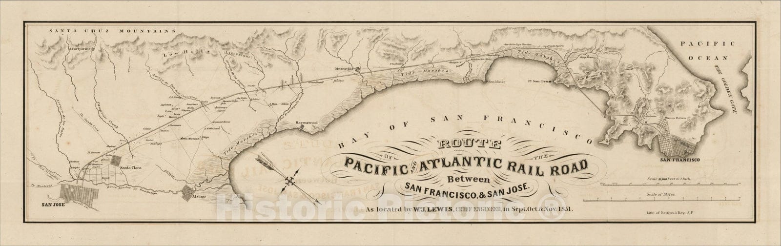 Historic Map : Route of the Pacific and Atlantic Rail Road Between San Francisco & San Jose, 1851, William J. Lewis, Vintage Wall Art