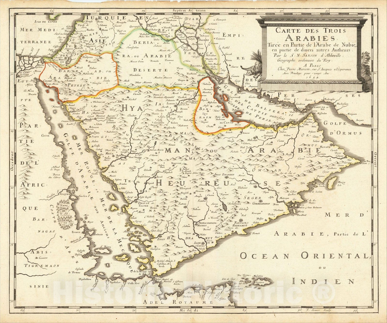 Historic Map : Carte Des Trois Arabies Tiree en Partie de l'Arabe de Nubie, en partie de divers autres Autheurs, 1654, 1654, Pierre Mariette, Vintage Wall Art