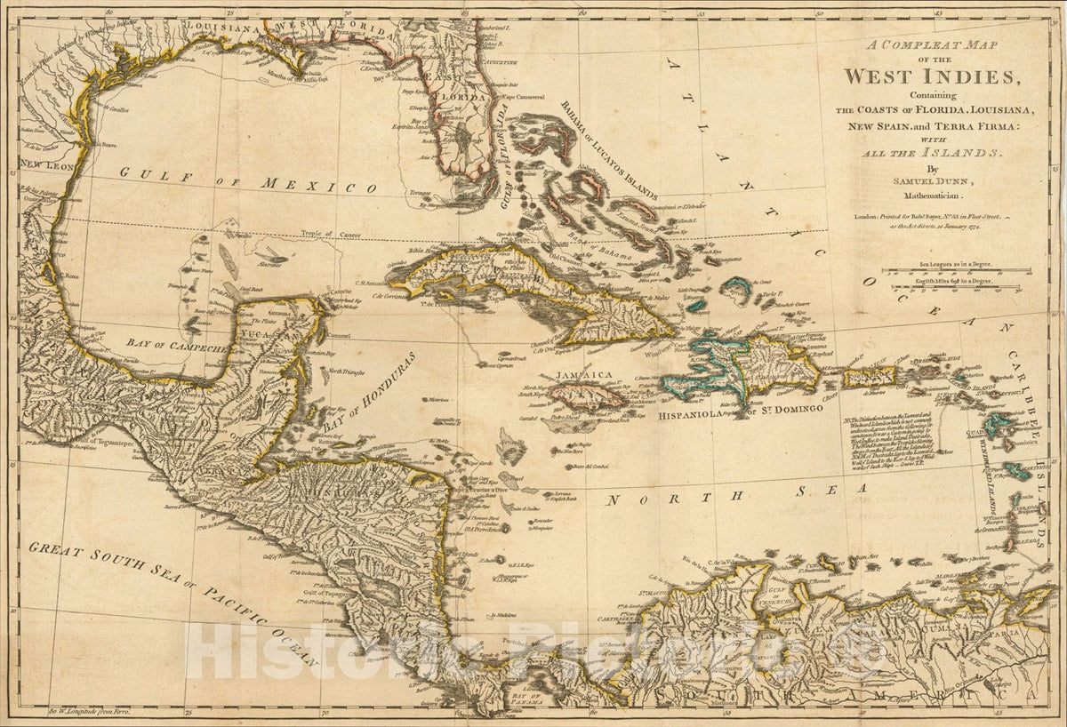 Historic Map : A Complete Map of the West Indies Containing the Coasts of Flordia, Louisiana, New Spain, and Terra Firma: with all the Islands, 1774, 1774, Vintage Wall Art