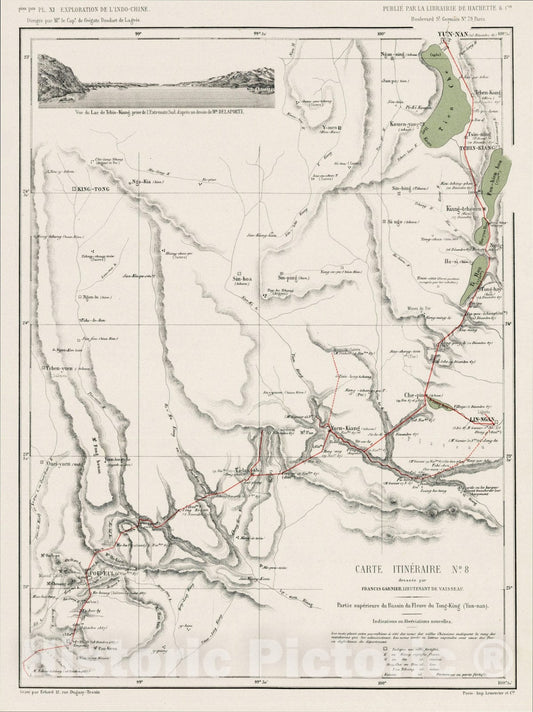Historic Map : Carte Itineraire No. 8, Partie superieure du Bassin du Fleuve du Tong-King (Yun-nan)., 1873, , Vintage Wall Art