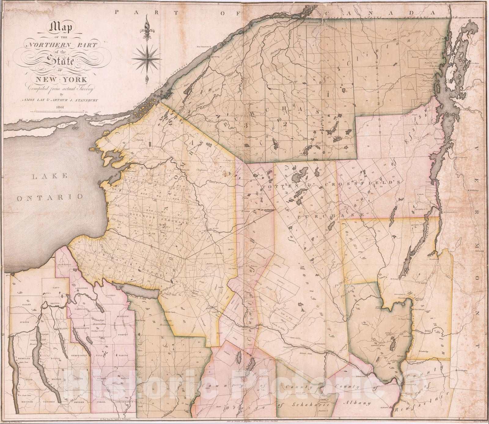 Historic Map : Map of the Northern Part of the State of New York Compiled from actual Survey By Amos Lay and Arthur J. Stansbury 1801., 1801, Amos Lay, Vintage Wall Art