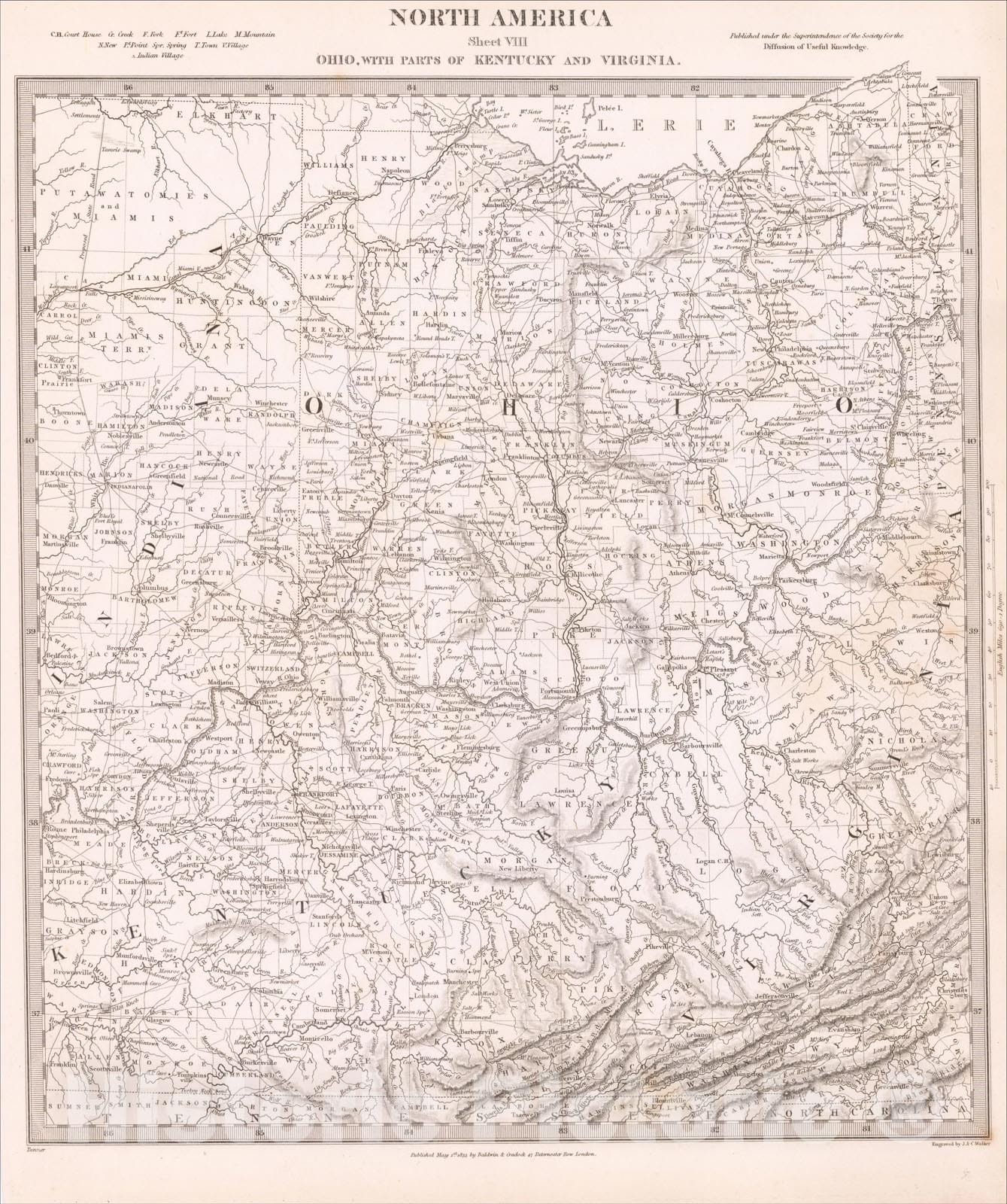 Historic Map : North America Sheet VIII Ohio, With Parts Of Kentucky And Virginia, 1852, SDUK, v2, Vintage Wall Art