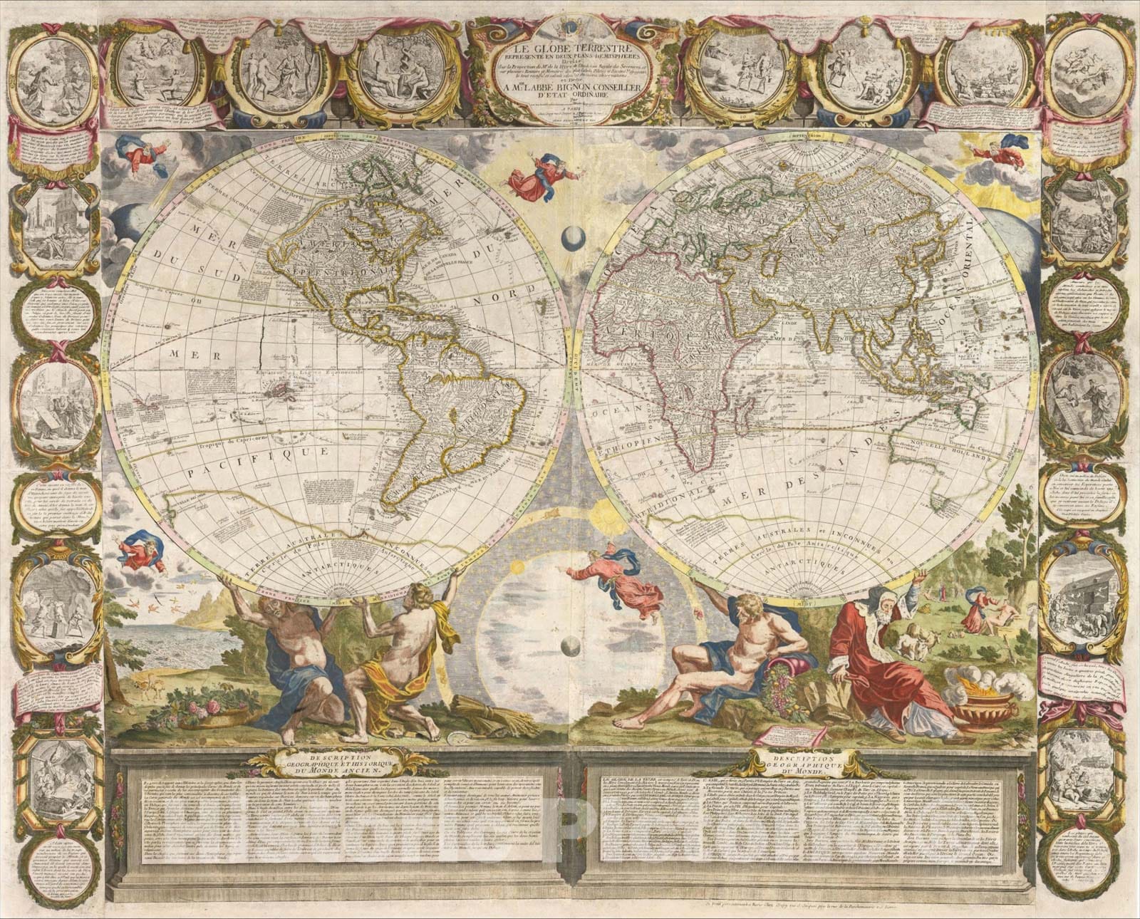 Historic Map : Le Globe Terrestre Represente En Deux Plans-Hemispheres, 1775, Jean-Baptiste Nolin, Vintage Wall Art