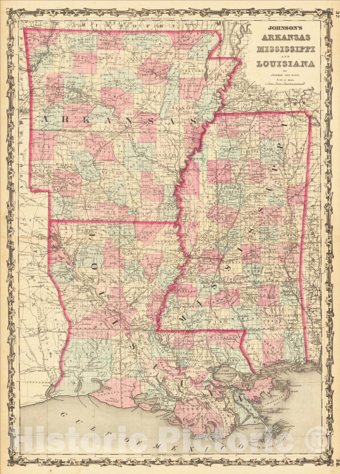 Historic Map : Johnson's Arkansas, Mississippi and Louisiana, 1862, Benjamin P Ward, Vintage Wall Art