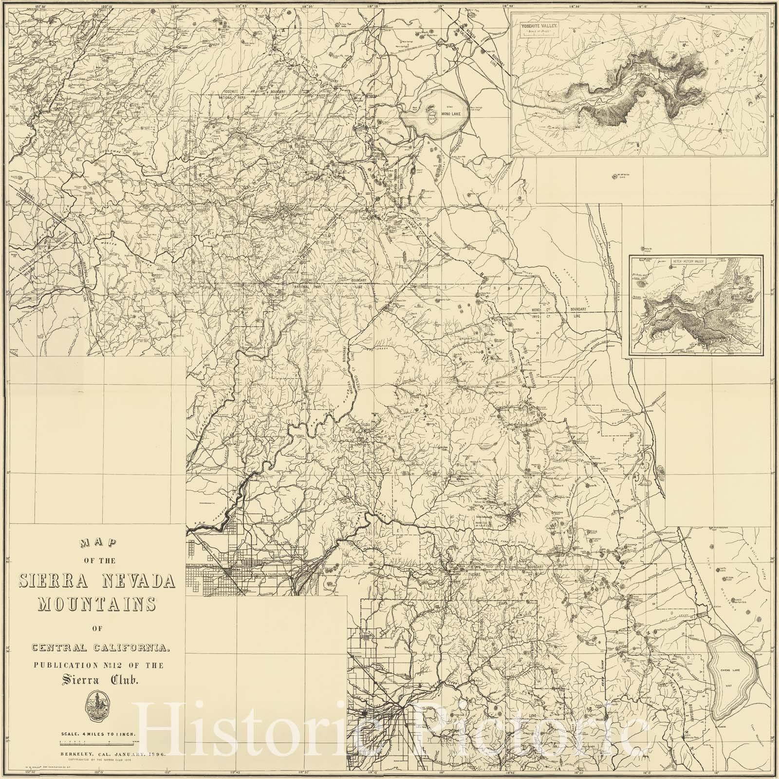 Sierra Nevada Mountains, California - Topographic Map, 1896