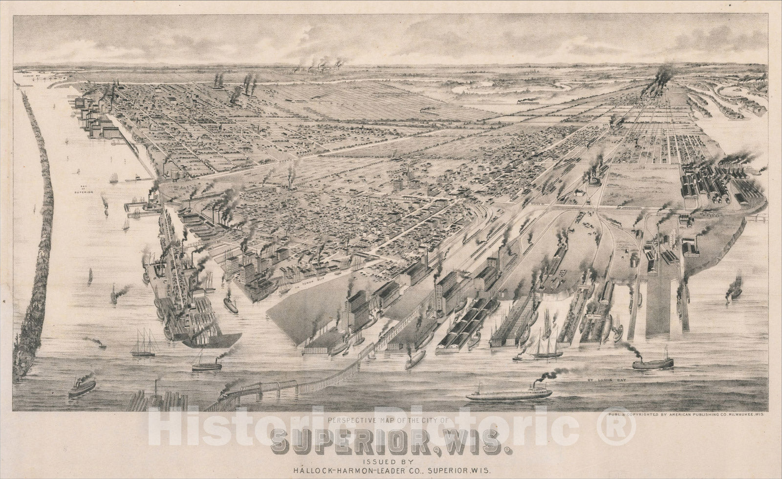 Historic Map : Perspective Map of Superior, Wis. Issued by Halloc-Harmon-Leader Co. Superior Wis, c1893, American Publishing Co., Vintage Wall Art