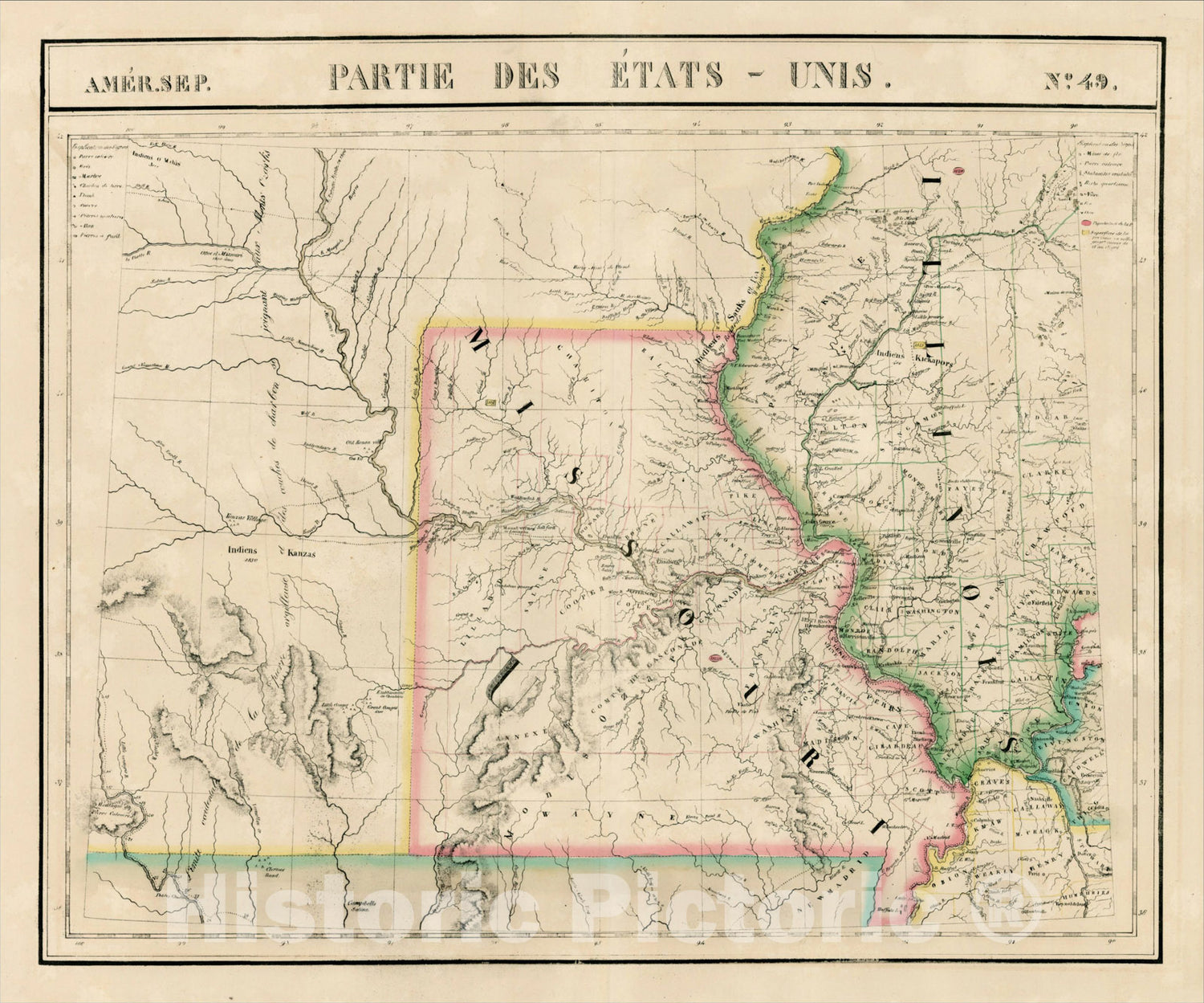 Historic Map : Amer. Sep. No. 49. Partie des ?ats Unis [Missouri, Illinois, Indian Territory, Kansas, Nebraska, Iowa], 1825, , Vintage Wall Art