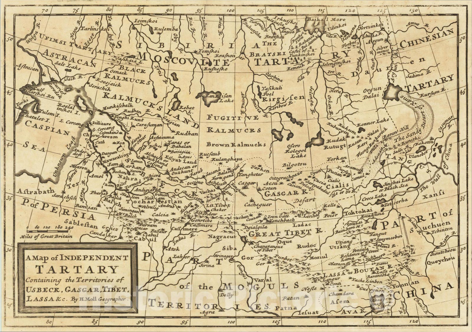 Historic Map : A Map of Independent Tartary Containing the Territories of Usbeck, Gasgar, Tibet, Lassa &c., 1712, Herman Moll, Vintage Wall Art