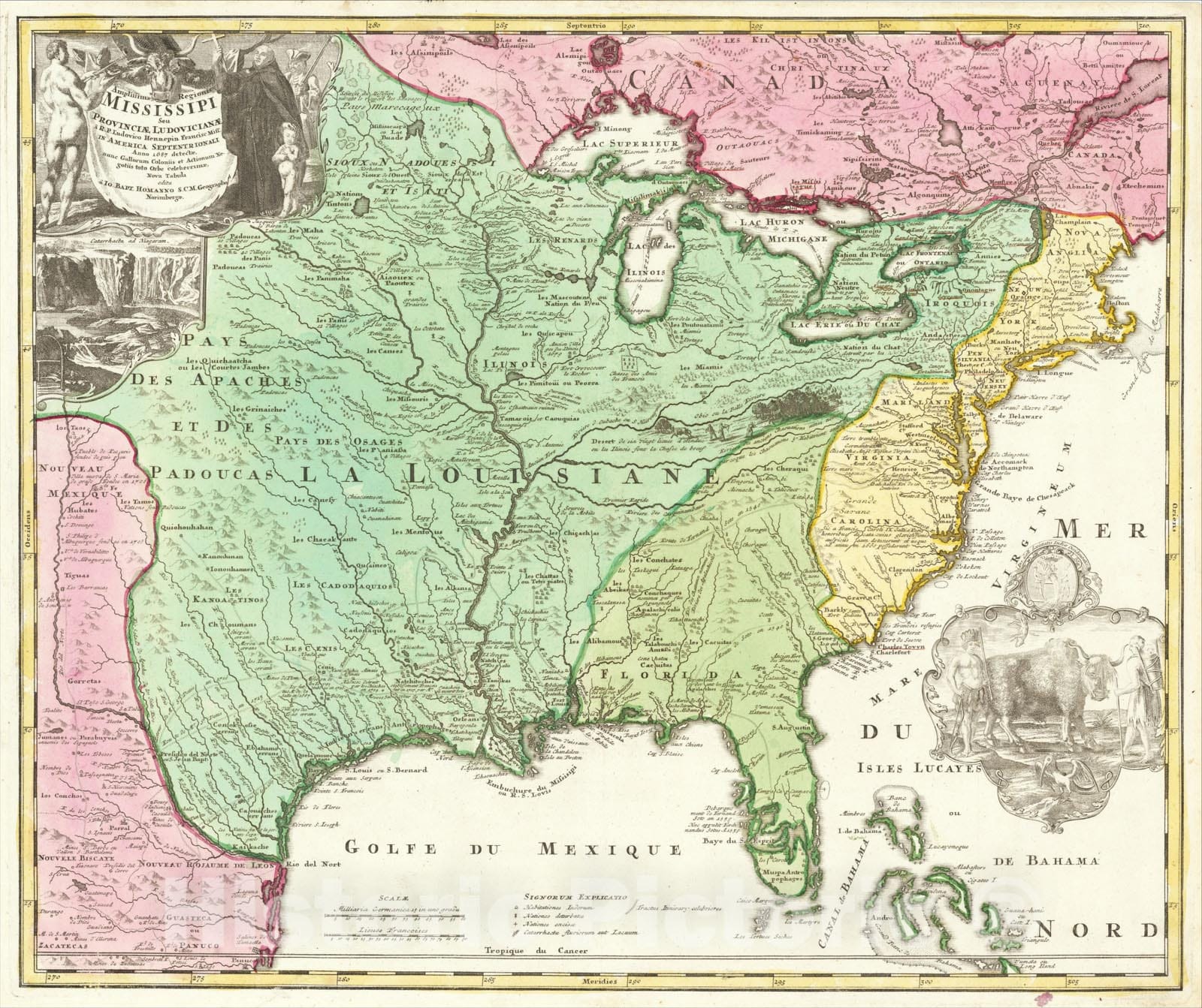 Historic Map : Amplissimae Regionis Mississipi Seu Provinciae Ludovicianae A R.P. Ludovico Hennepin Francisc Miss In America Septentrionali Anno, 1720, Vintage Wall Art