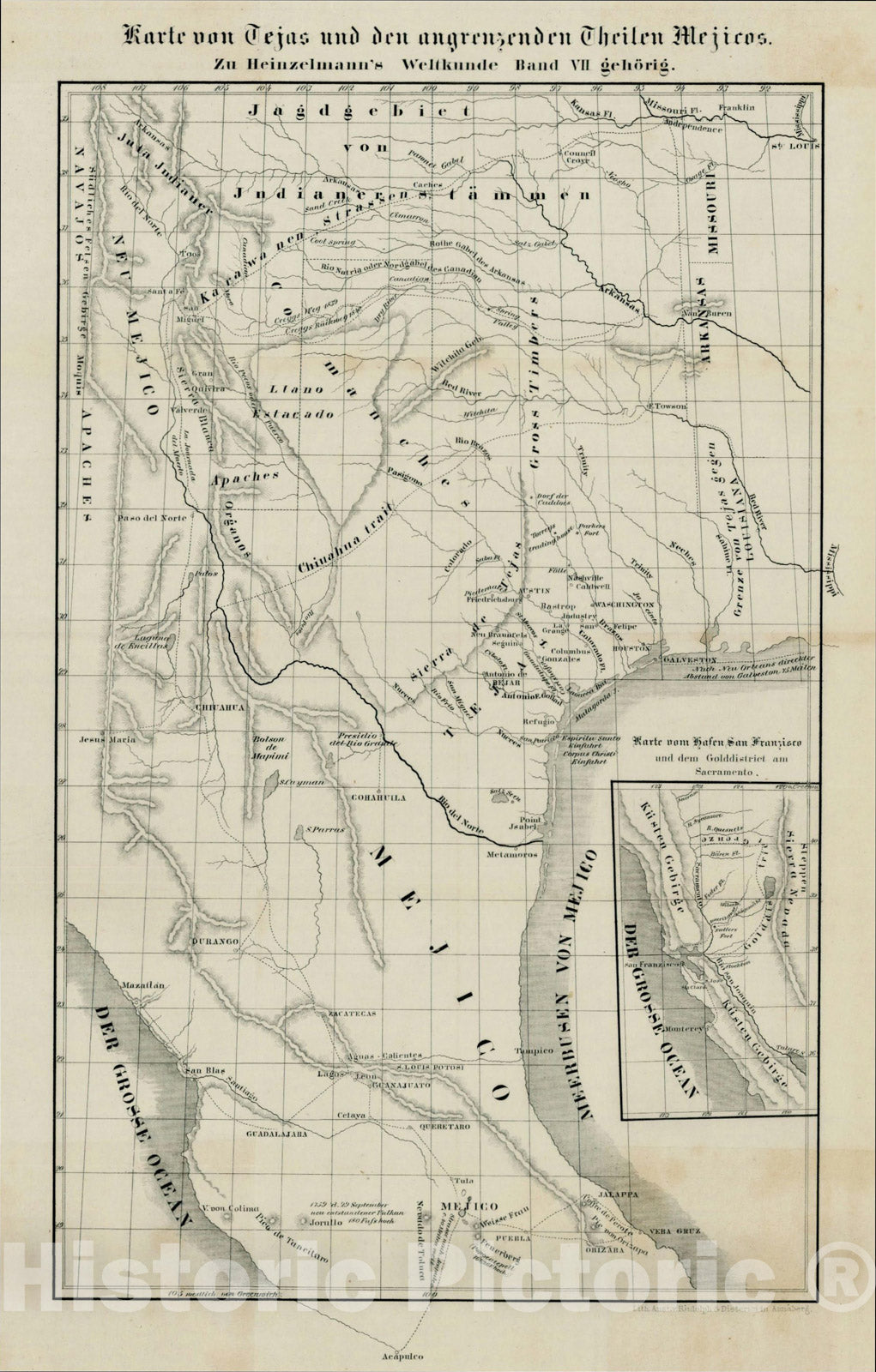 Historic Map : Karte von Tejas und den angrenzenden Theilen Mejicos, [with California Gold Regions Inset], 1851, Freidrich Heinzelmann, Vintage Wall Art