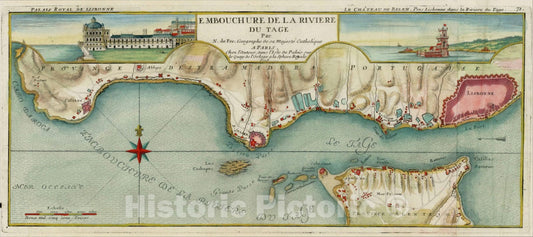 Historic Map : Embouchure de la Riviere Du Tage, 1715 (with insets of the Palais de Lisbonne and Le Chateau de Belem), 1715, Nicolas de Fer, v2, Vintage Wall Art