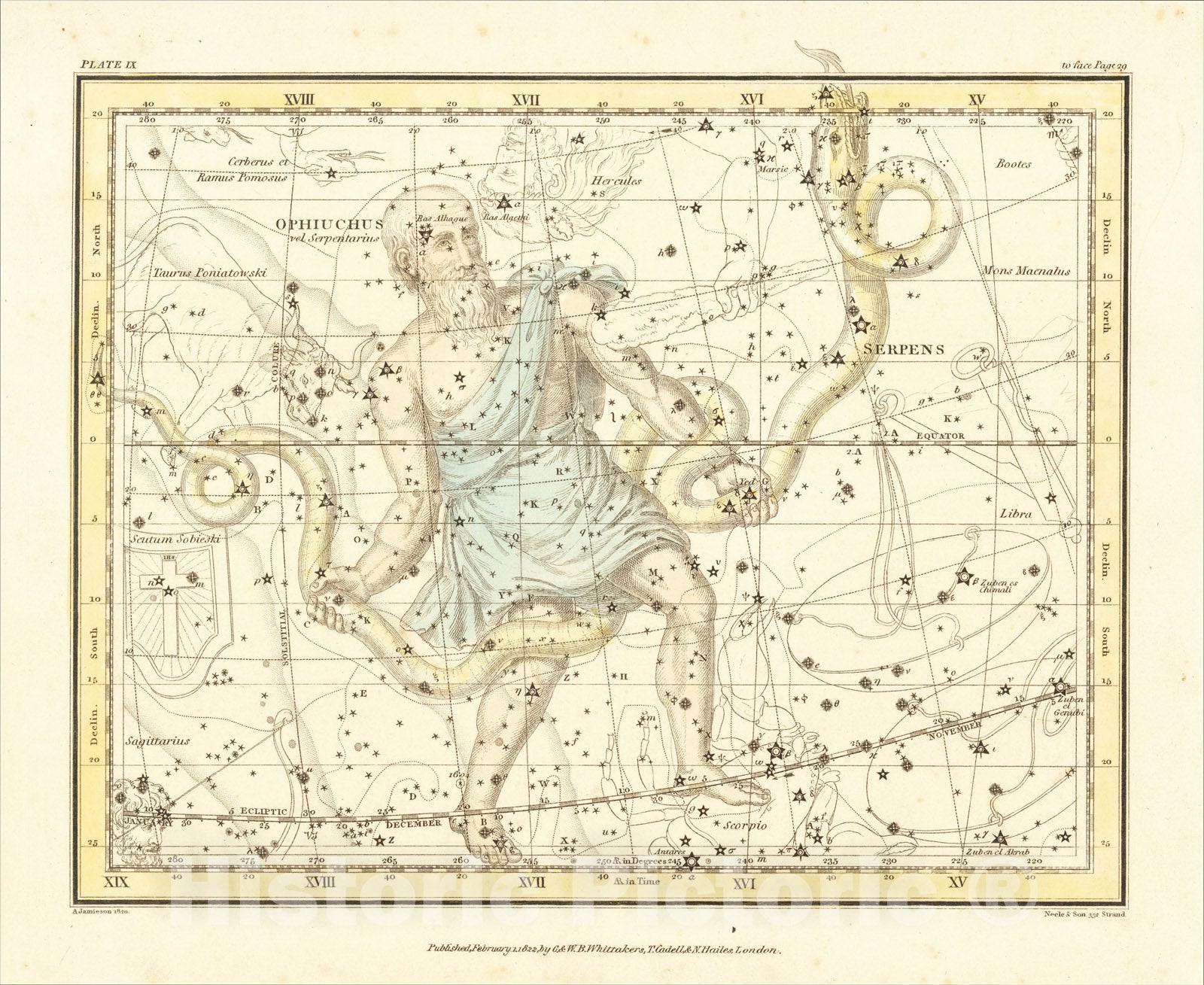 Historic Map : Ophiuchus and Serpent (and Scutum Sobieski), 1822, Alexander Jamieson, Vintage Wall Art
