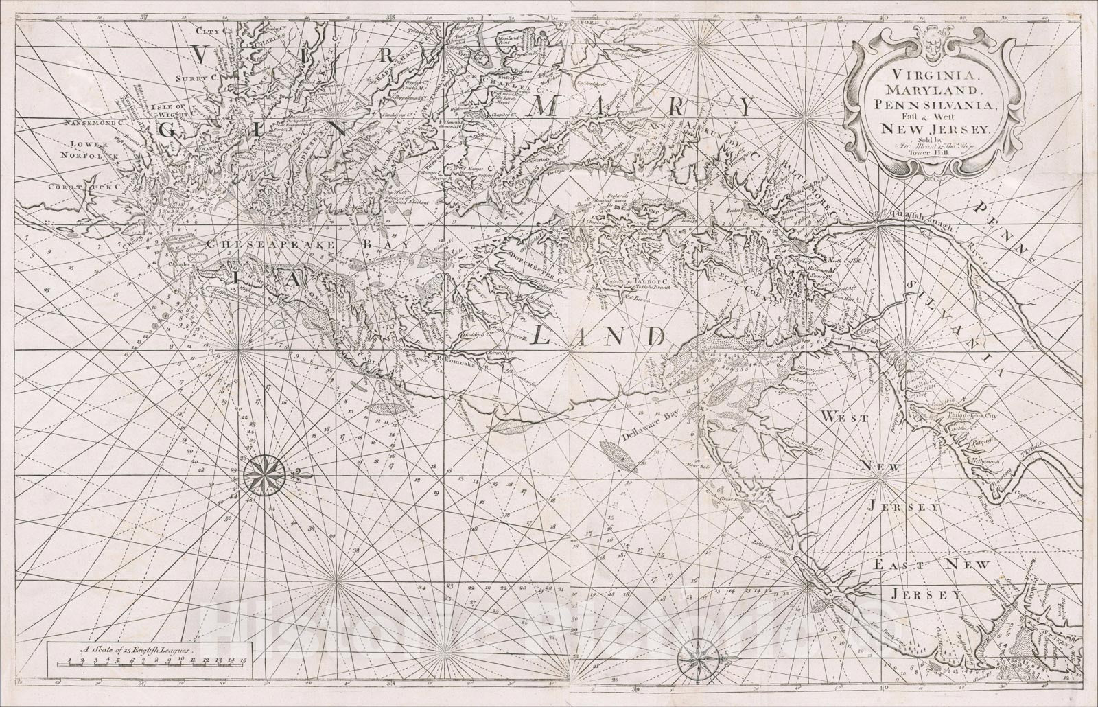 Historic Map : Virginia, Maryland, Pennsilvania, East & West New Jarsey., c1773, William Mount, Vintage Wall Art