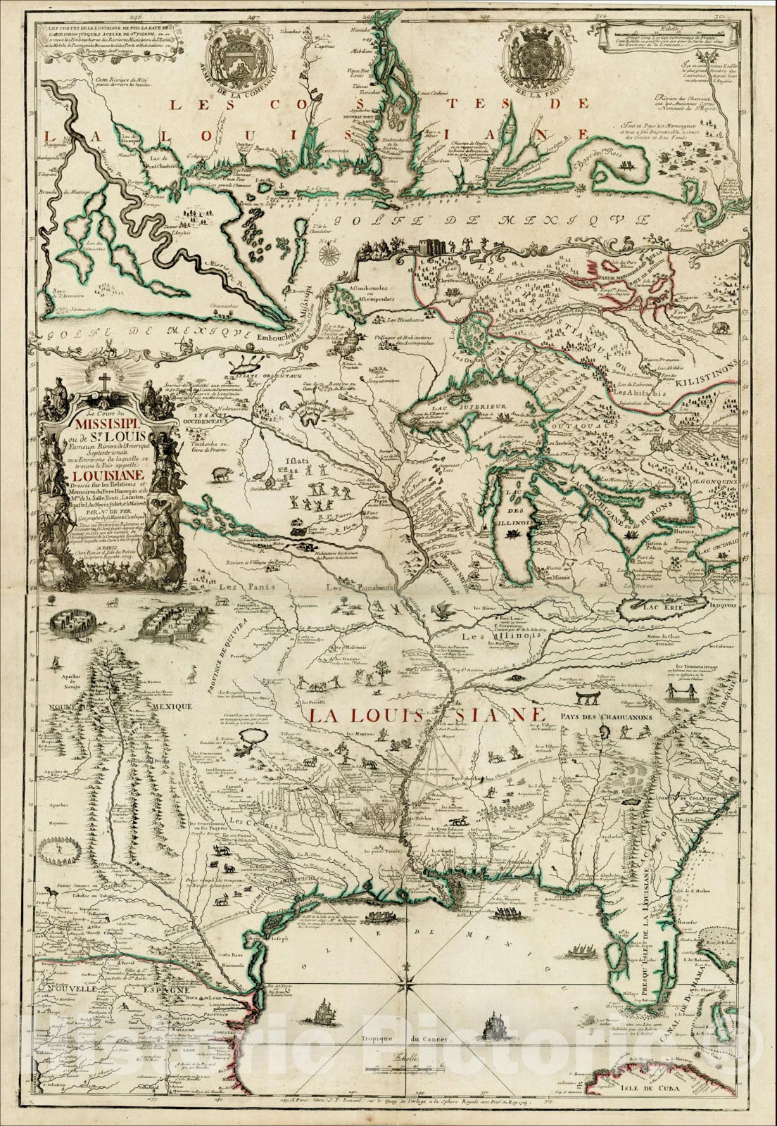 Historic Map : Le Cours du Missisipi, ou de St. Louis Fameuse Riviere de l'Amerique Septentrionale avec Environs de laquelle, 1718, Vintage Wall Art