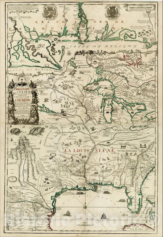Historic Map : Le Cours du Missisipi, ou de St. Louis Fameuse Riviere de l'Amerique Septentrionale avec Environs de laquelle, 1718, Vintage Wall Art