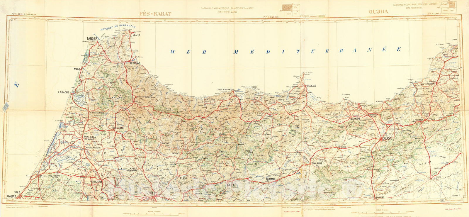 Historic Map : Fes-Rabat, Oujda, 1946, Service Geographique du Maroc, Vintage Wall Art