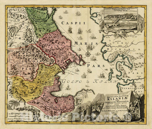 Historic Map : Provinciarum Persicarum Kilaniae nempe Chirvaniea Dagestniae , 1720, Johann Baptist Homann, Vintage Wall Art