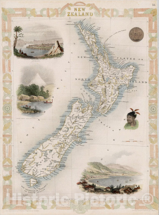 Historic Map : New Zealand, 1851, John Tallis, v6, Vintage Wall Art