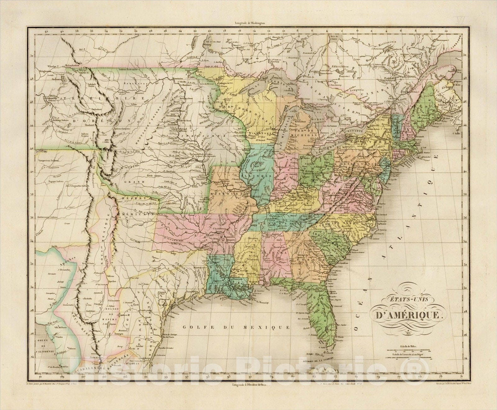Historic Map : Etats-Unis de l'Amerique, 1825, Jean Alexandre Buchon, Vintage Wall Art