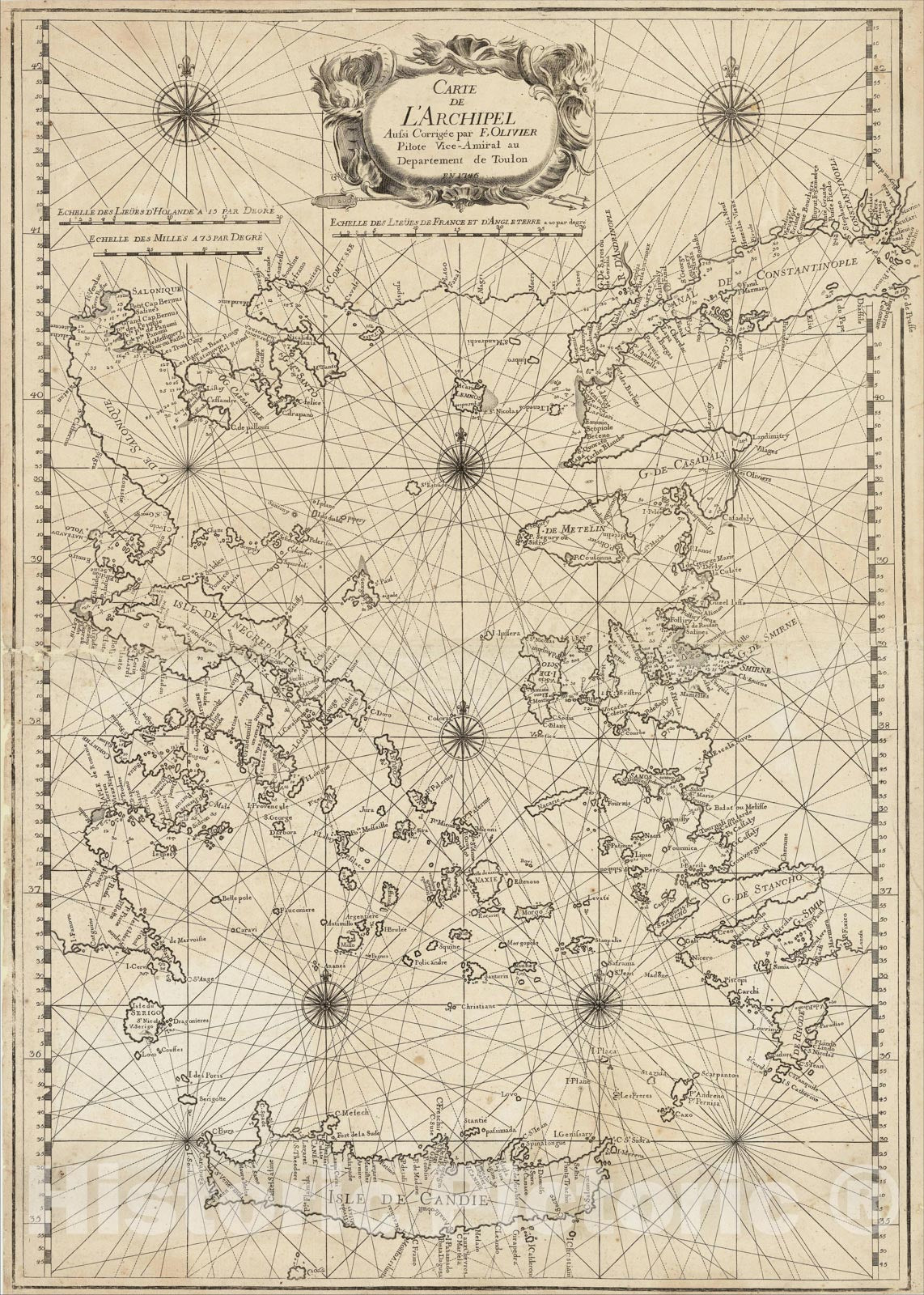Historic Map : Carte de l'Archipel Aussi Corrigee par F. Olivier Pilote Vice-Admiral au Departement de Toulon en 1746., 1746, Francois Olivier, Vintage Wall Art