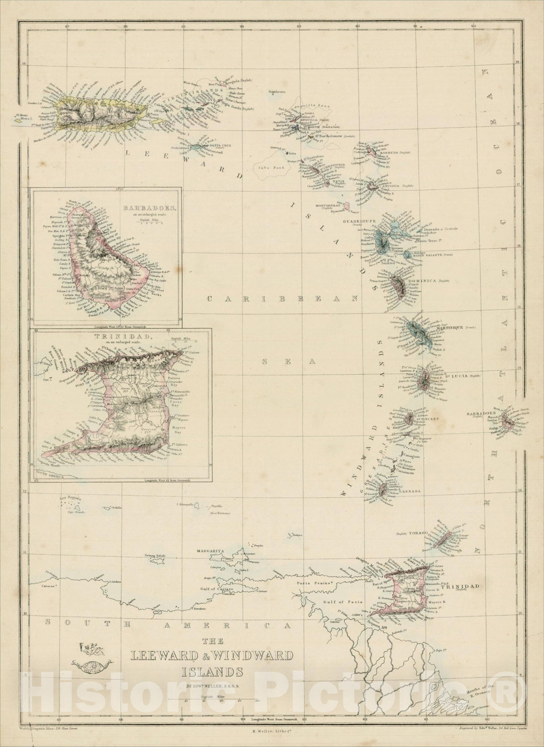 Historic Map : The Leeward & Windward Islands, c1860, Edward Weller, Vintage Wall Art