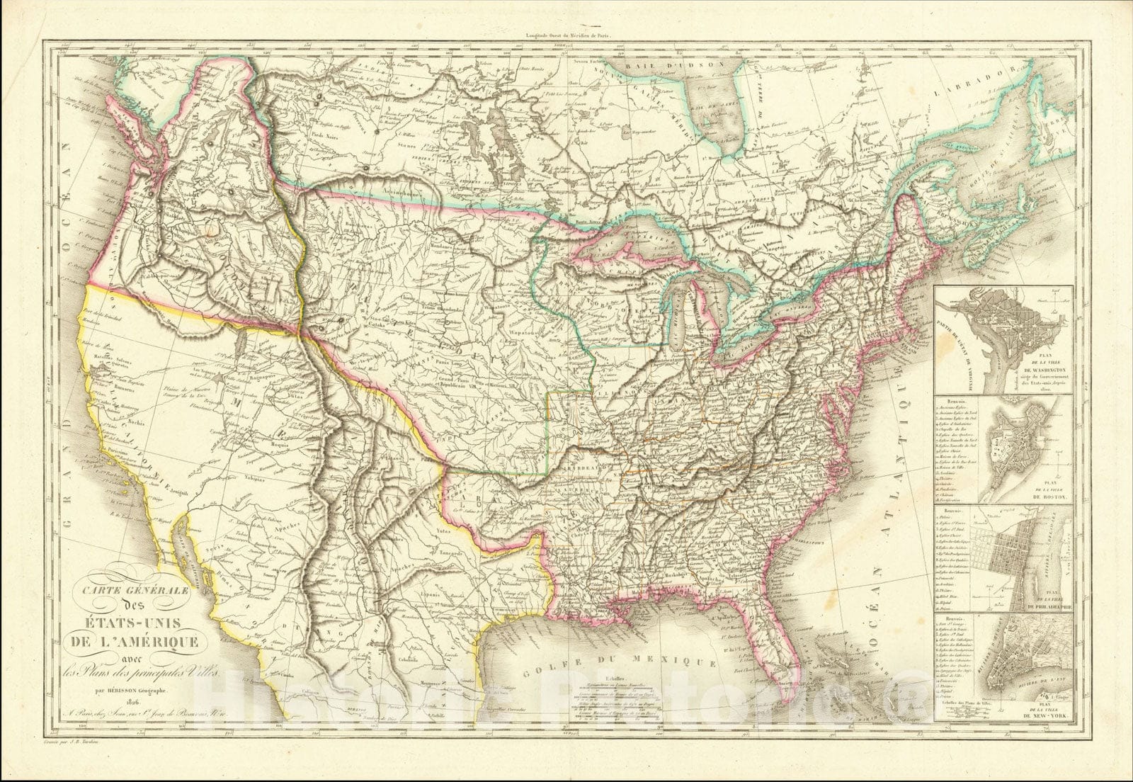 Historic Map : Carte Generale Des Etats-Unis De L'Amerique avec les Plans des principales Villes, 1826, 1826, Eustache Herisson, Vintage Wall Art
